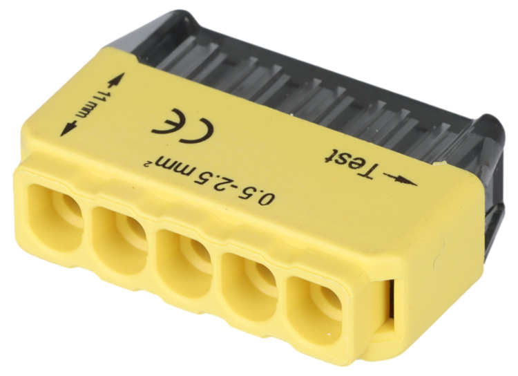Łącznik bezśrubowy, wtykany, żółty 5x0,5-2,5mm2, 450VAC, max. 16A RVU2,5-5 Tracon Electric
