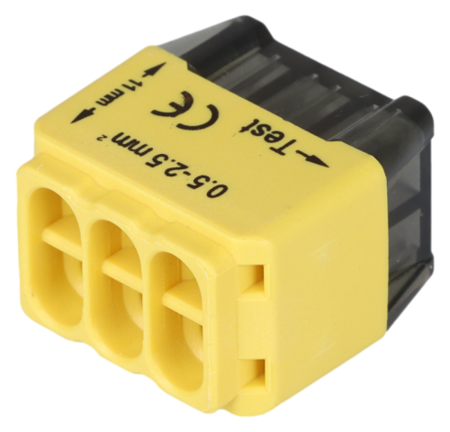 Łącznik bezśrubowy, wtykany, żółty 6x0,5-2,5mm2, 450VAC, max. 16A RVU2,5-6 Tracon Electric