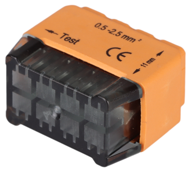 Łącznik bezśrubowy, wtykany, pomarańczowy 8x0,5-2,5mm2, 450VAC, max. 16A RVU2,5-8 Tracon Electric