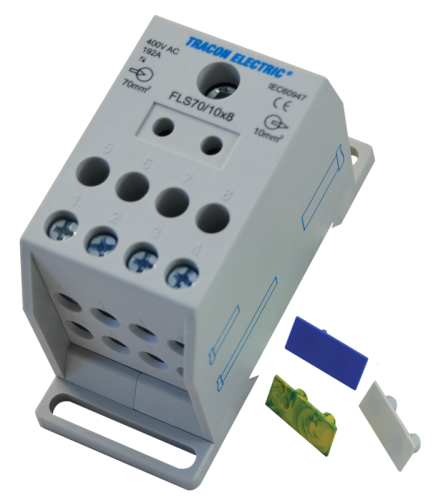 Złączka odgałęźna na szynę 1×70mm2 / 8×10mm2, 400VAC, 192A, MULTICOLOR FLS70/10X8 Tracon Electric