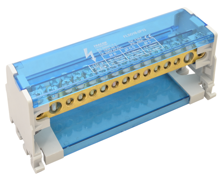 Złączka odgałęźna na szynę otwierana 2×25(25)mm2 / 4×10(6)mm2, 5×16(10)mm2, 500VAC/DC, 100A FLSO25-2P11 Tracon Electric