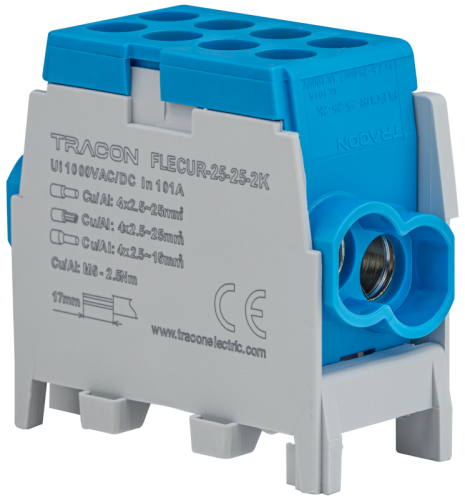 Złączka kompaktowa na szynę, niebieska (certyfik. węgierski) 2.5-25mm2, max. 1000VAC/DC, max.101A FLECUR-25-25-2K Tracon Electric