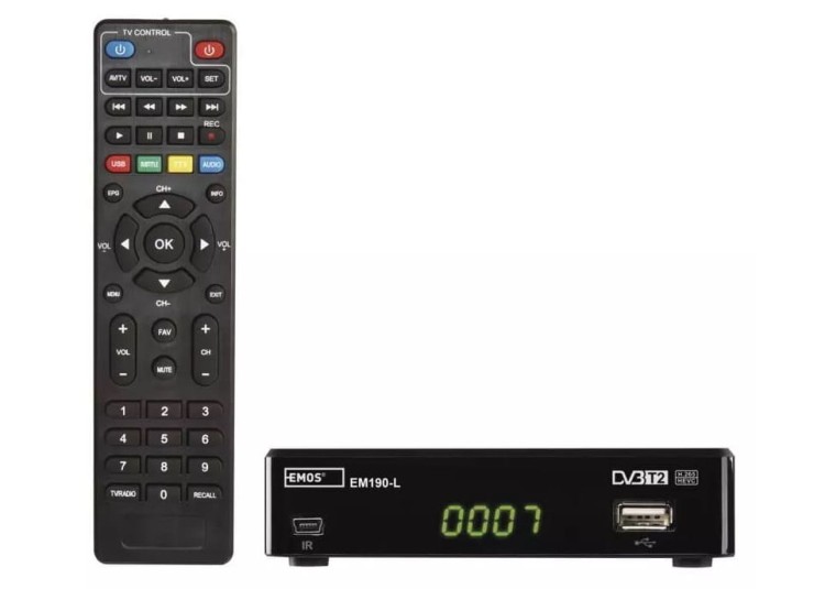 Dekoder Tuner DVB-T2 EM190-L HD J6015 Emos odbiornik do telewizji cyfrowej naziemnej DVB-T HEVC MPEG2 MPEG4 H.264 H.265