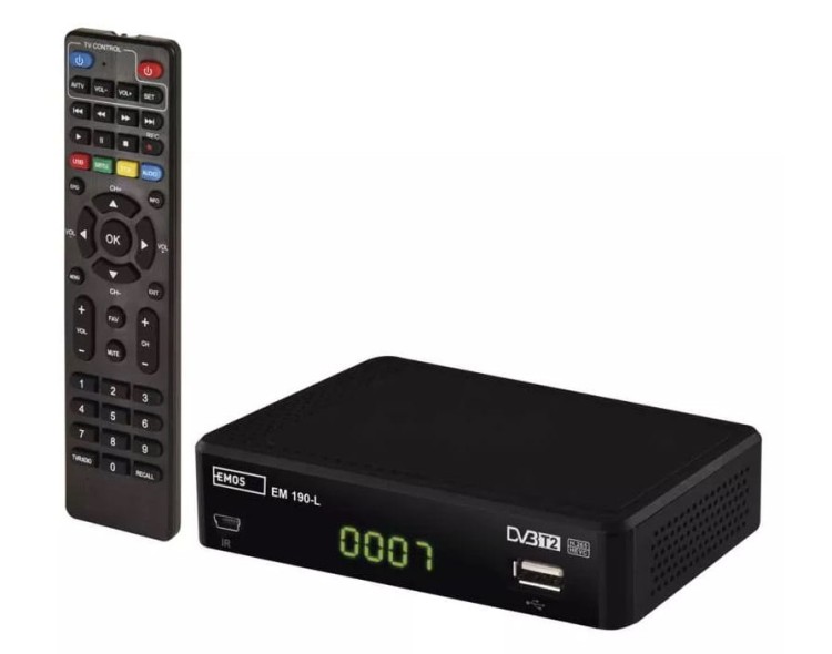 Dekoder Tuner DVB-T2 EM190-L HD J6015 Emos odbiornik do telewizji cyfrowej naziemnej DVB-T HEVC MPEG2 MPEG4 H.264 H.265