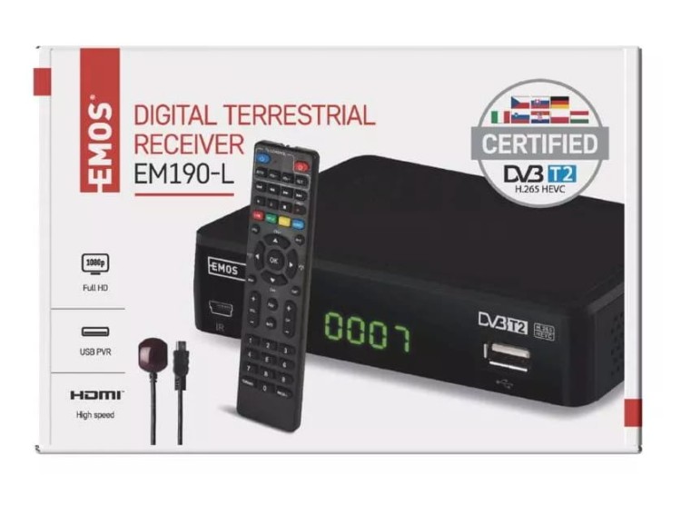 Dekoder Tuner DVB-T2 EM190-L HD J6015 Emos odbiornik do telewizji cyfrowej naziemnej DVB-T HEVC MPEG2 MPEG4 H.264 H.265