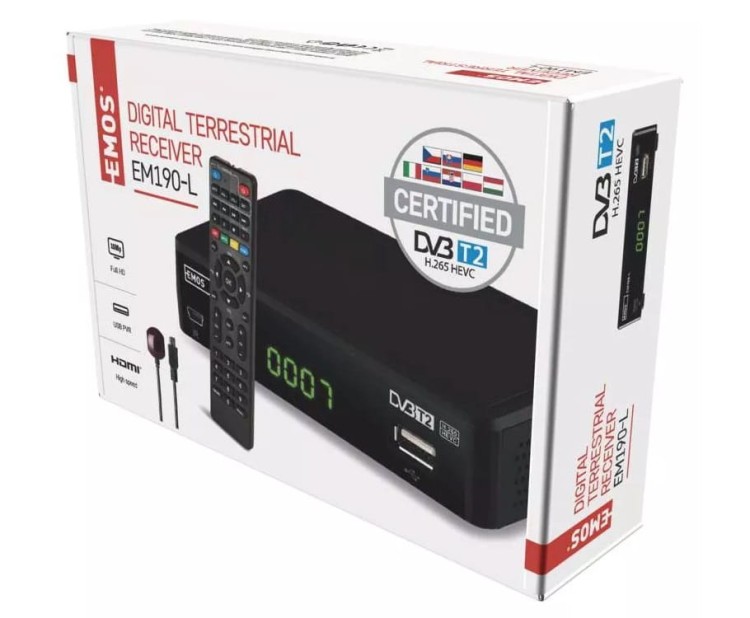 Dekoder Tuner DVB-T2 EM190-L HD J6015 Emos odbiornik do telewizji cyfrowej naziemnej DVB-T HEVC MPEG2 MPEG4 H.264 H.265