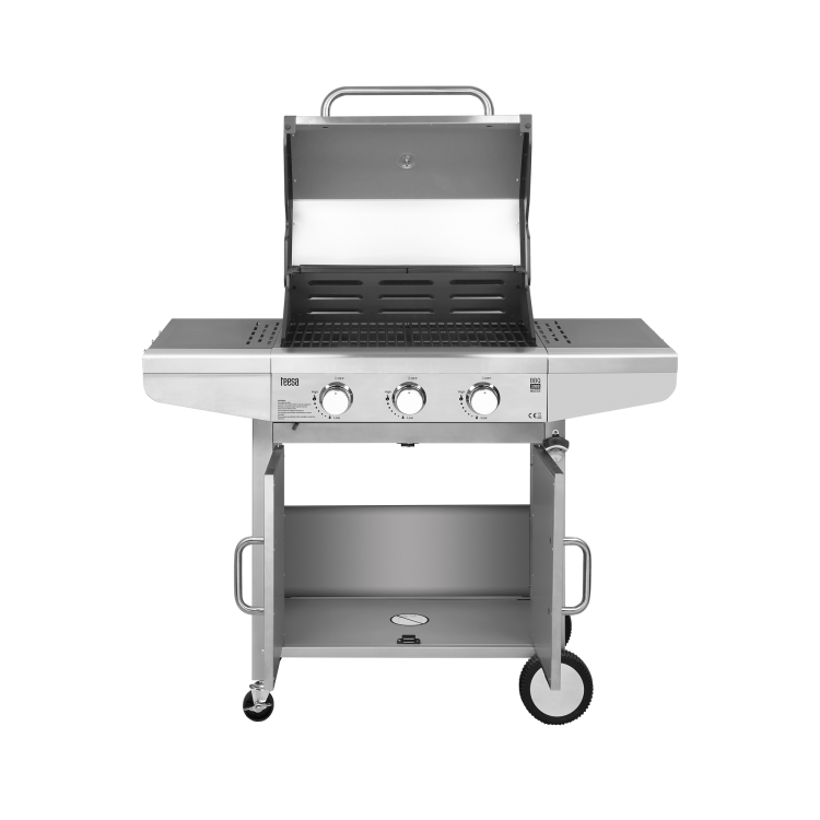Grill ogrodowy gazowy prostokątny z pokrywą i termometrem BBQ 3000 Master TSA0095Q Teesa 3 palniki barbeque na taras do ogrodu na działkę stalowy Stal nierdzewna