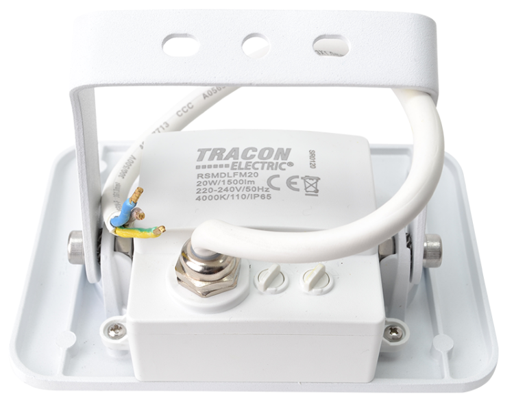 Reflektor SMD LED z czujnikiem ruchu, biały 20W, 4000K, IP65, 220-240V AC, 1600lm, 110°, 3-10m, EEI=G RSMDLFM20 Tracon Electric