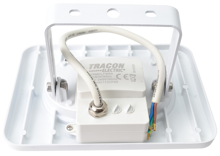 Reflektor SMD LED z czujnikiem ruchu, biały 50W, 4000K, IP65, 220-240V AC, 4000lm, 110°, 3-10m, EEI=G RSMDLFM50 Tracon Electric