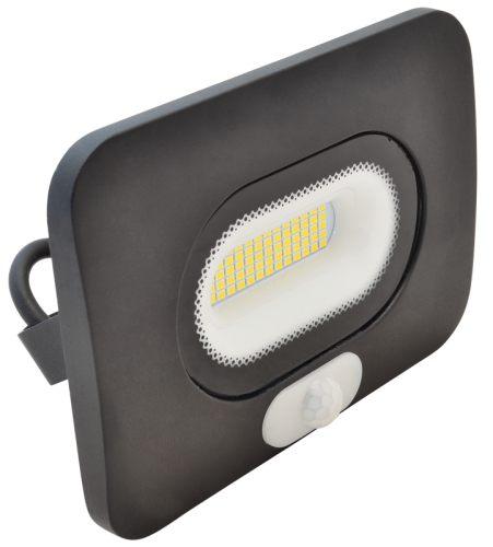 Reflektor SMD LED, czarny, z czujnikiem ruchu 220-240V AC, 10W, 4000K, IP65, 800lm, 110°, 3-10m, EEI=G RSMDLM10 Tracon Electric
