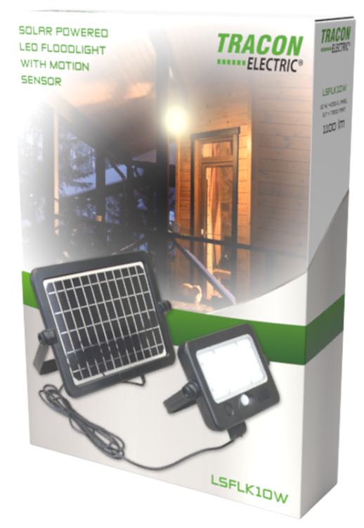 Reflektor solarny LED z czujnikiem ruch 10 W, 4000 K, 1100 lm, IP65, 3,7 V 7200 mAh LSFLK10W Tracon Electric