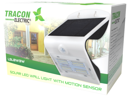 Solarna oprawa ścienna LED z czujnikiem ruchu, biała 3,2 W, 4000 K, 400 lm, IP65, 3,7 V, 2 Ah LSLBW3W Tracon Electric