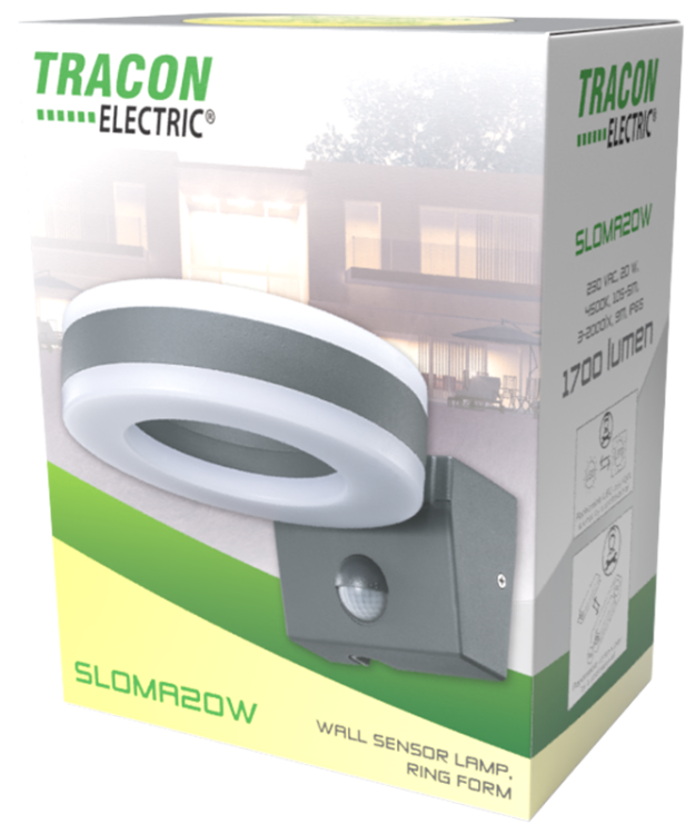 Oprawa naścienna z czujnikiem r., pierścieniowa antracyt 230VAC,20W,1700lm,4500K,10s-5m,3-2000lx,9m,IP65,EEI=F SLOMA20W Tracon Electric