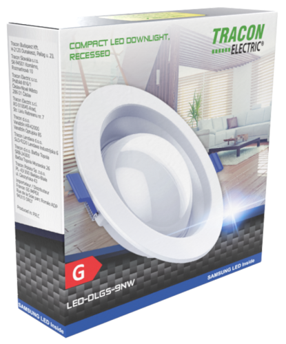 Podtynkowa, kompaktowa oprawa LED typu downlight 230 VAC, 18W, 1440lm, D=225 mm, 4000 K, IP44, EEI=G LED-DLGS-18NW Tracon Electric