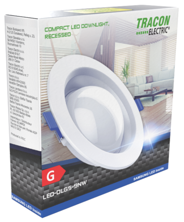 Podtynkowa, kompaktowa oprawa LED typu downlight 230 VAC, 3W, 240lm, D=95 mm, 4000 K, IP44, EEI=G LED-DLGS-3NW Tracon Electric