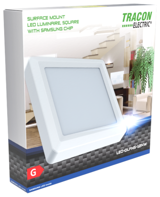 Natynkowa kwadratowa oprawa LED z układem SAMSUNG 230 VAC, 12W, 960lm, D=170×170 mm, 4000 K, IP20, EEI=G LED-DLNFS-12NW Tracon Electric
