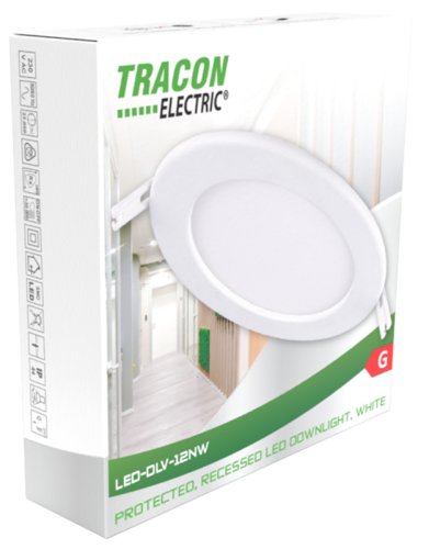 Downlight Led, Podtynkowy, Biały 230 VAC, 18 W, 4000 K, 1820 lm, IP44, D=220mm, EEI=F LED-DLV-18NW Tracon Electric
