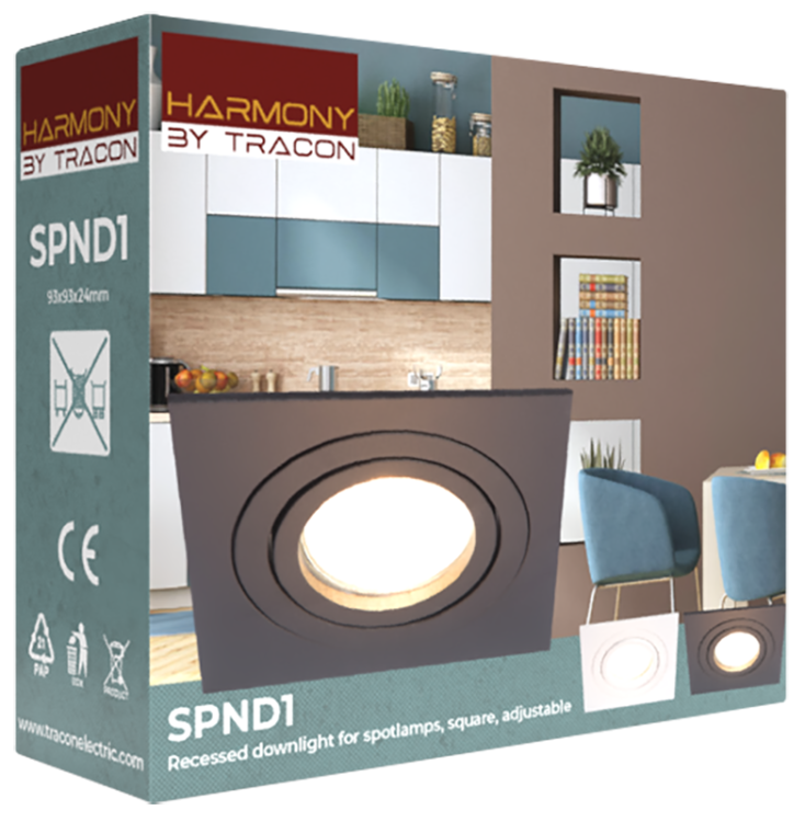 Reflektor podtynkowy, regulowany, kwadratowy, biały 93x93x24mm SPND1W Tracon Electric