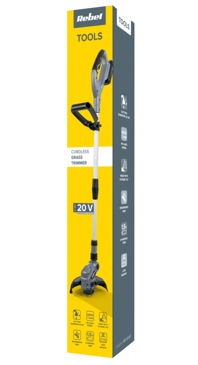 Kosa Podkaszarka Akumulatorowa do trawy RB-5002 Rebel Tools 20V szerokość koszenia 220 mm Li-Ion bezprzewodowa kosiarka elektryczna trawnika z akumulatorem i ładowarką zestaw