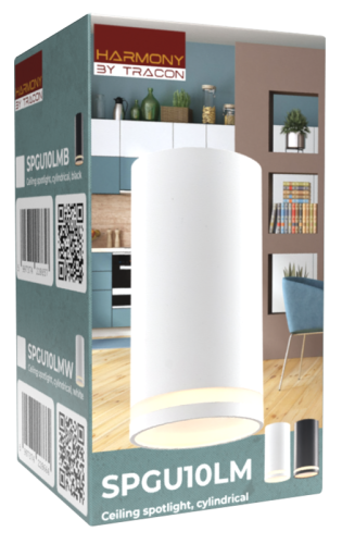 Reflektor sufitowy, cylindryczny, czarny 100-240VAC, 50Hz, 1xGU10, max.35W SPGU10LMB Tracon Electric