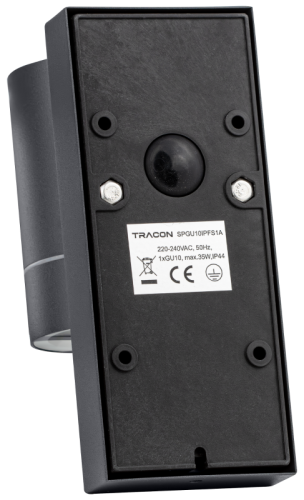 Reflektor ścienny zewnętrzny, z cz. ruchu antracyt 100-240VAC,50Hz,1xGU10,ma.35W,10s-4min,max 8m,3-2000lx,IP44 SPGU10IPFS1A Tracon Electric