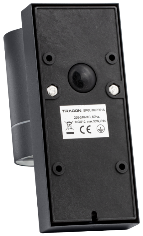 Reflektor ścienny zewnętrzny, z cz. ruchu antracyt 100-240VAC,50Hz,1xGU10,ma.35W,10s-4min,max 8m,3-2000lx,IP44 SPGU10IPFS1A Tracon Electric
