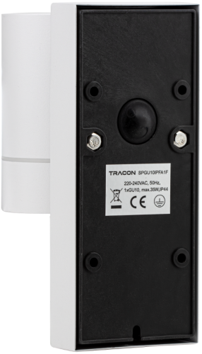 Reflektor ścienny zewnętrzny, z cz. zmierzchu biały 100-240VAC, 50Hz, 1xGU10, max.35W, 30lux, IP44 SPGU10IPFA1F Tracon Electric