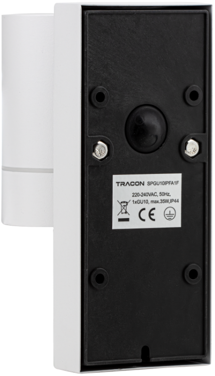 Reflektor ścienny zewnętrzny, z cz. zmierzchu biały 100-240VAC, 50Hz, 1xGU10, max.35W, 30lux, IP44 SPGU10IPFA1F Tracon Electric