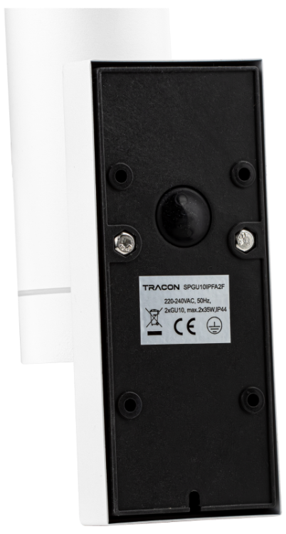 Reflektor ścienny zewnętrzny, z cz. zmierzchu biały 100-240VAC, 50Hz, 2xGU10, max.35W, 30lux, IP44 SPGU10IPFA2F Tracon Electric