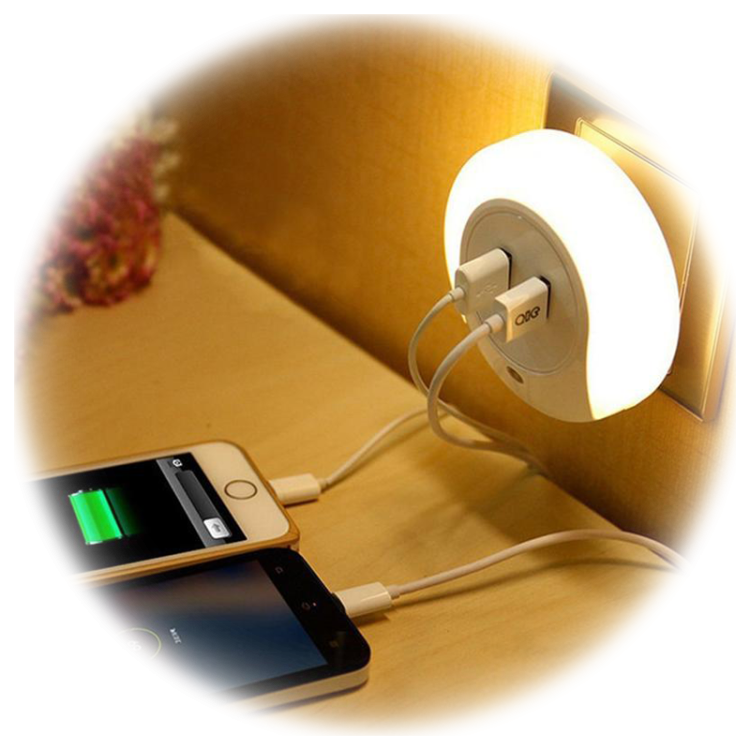 Lampka nocna wtykowa z portem USB 230VAC, 50Hz, 0,4W, 8lm, CDS, 2xUSB NLUSB Tracon Electric