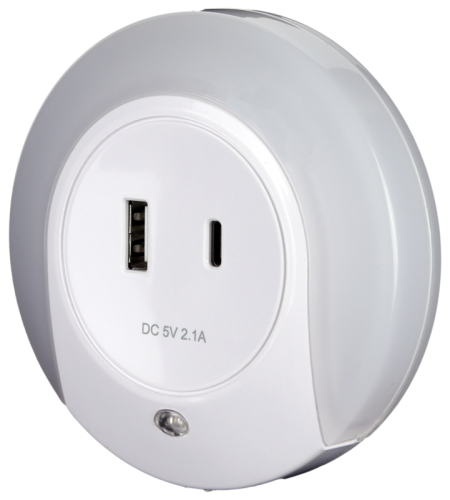 Lampka nocna z USB-C 230VAC, 50Hz, 0,4W, 15lm, CDS, 1xUSB, 1xUSB-C NLUSBC Tracon Electric