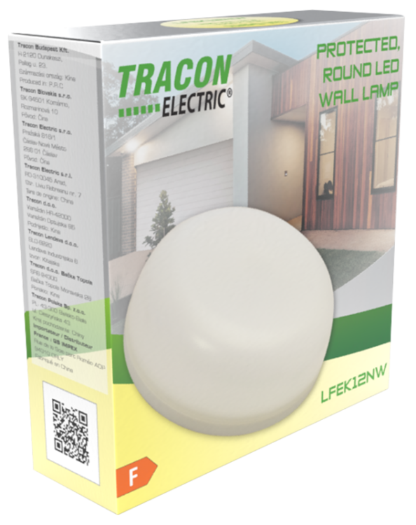 Okrągła hermetyczna oprawa LED - naścienna 230 VAC, 12 W, 4000 K, IP54, 1160 lm, D=230mm, EEI=F LFEK12NW Tracon Electric