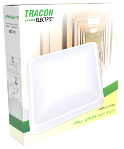 Oprawa naścienna LED z czujnikiem ruchu, kwadratowa 230 VAC, 12W, 850lm, 4500K, 10s-10m, 5-2000lx, 9m, EEI=F MFMN12NW Tracon Electric