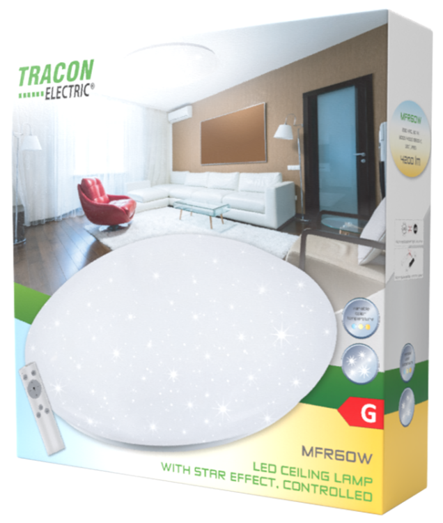 Lampa sufitowa LED z efektem nocnego nieba, sterowana 230 VAC,100W, 7000lm,3000/4000/6500K,120°,IP20,D=800mm,EEI=G MFR100W Tracon Electric