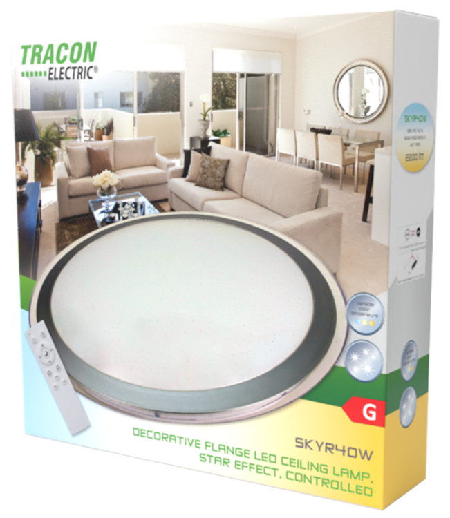 Lampa sufitowa LED z krawędzią grafitową, sterowana 230 VAC, 60W, 4000lm,3000/4000/6500K,120°,IP20,D=530mm,EEI=G SKYR60W Tracon Electric