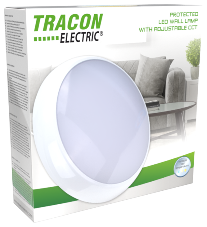 Naścienna oprawa hermetyczna LED, zmienna barwa 230 VAC, 12 W, 1200 lm, 3000/4000/6500 K, IP54,D=320mm,EEI=E ADAM12W Tracon Electric
