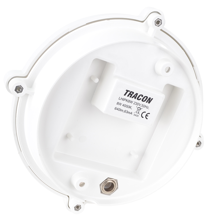 Hermetyczna okrągła oprawa LED okrągła, obud. plastikowa 230 VAC, 50 Hz, 8 W, 710 lm, 4000 K, IP65, EEI=F LHIPK8W Tracon Electric