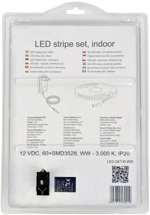 Zestaw taśmy LED, wewnętrzny SMD3528,30LED/m,4,8W/m,120lm/m,W=8 mm,3000K,IP20, EEI=G LED-SET-B-WW Tracon Electric
