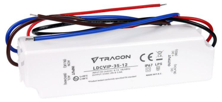 Zasilacz LED w obudowie z tworzywa 90-264VAC/12 VDC,35W,0-3A, IP67 LDCVIP-35-12 Tracon Electric