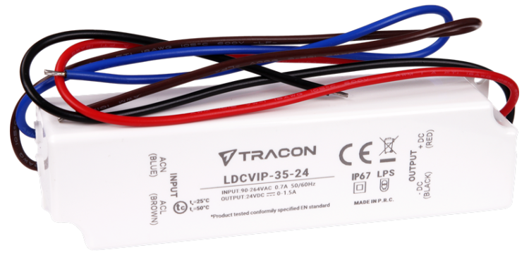 Zasilacz LED w obudowie z tworzywa 90-264VAC/24VDC,35W,0-1,5A, IP67 LDCVIP-35-24 Tracon Electric