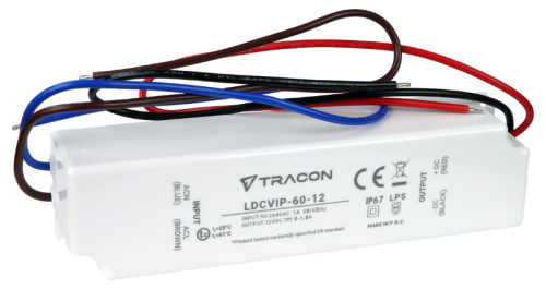 Zasilacz LED w obudowie z tworzywa 90-264VAC/12VDC,60W,0-5A, IP67 LDCVIP-60-12 Tracon Electric