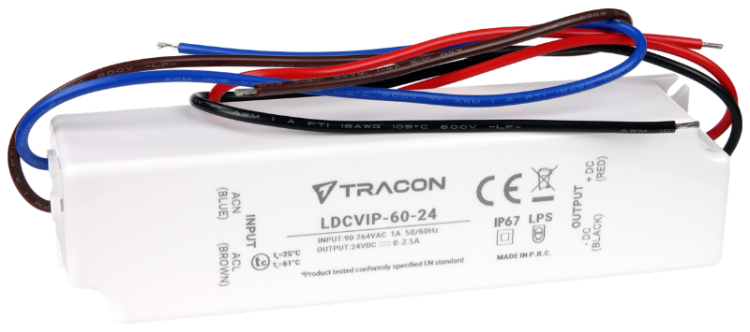 Zasilacz LED w obudowie z tworzywa 90-264VAC/24VDC,60W,0-2,5A, IP67 LDCVIP-60-24 Tracon Electric