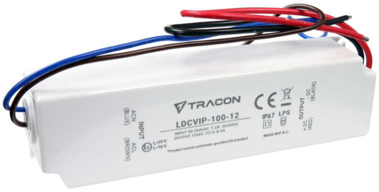 Zasilacz LED w obudowie z tworzywa 90-264VAC/12VDC,100W,0-8,5A, IP67 LDCVIP-100-12 Tracon Electric