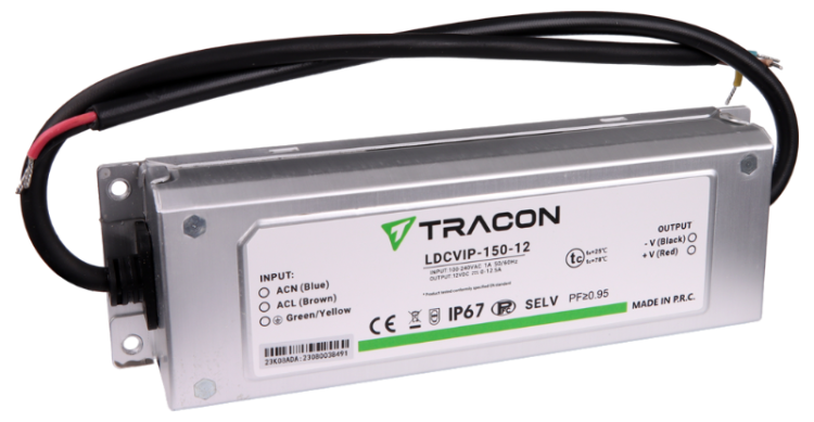 Zasilacz LED w metalowej obudowie 100-240VAC/12VDC,150W,0-12,5A, IP67 LDCVIP-150-12 Tracon Electric