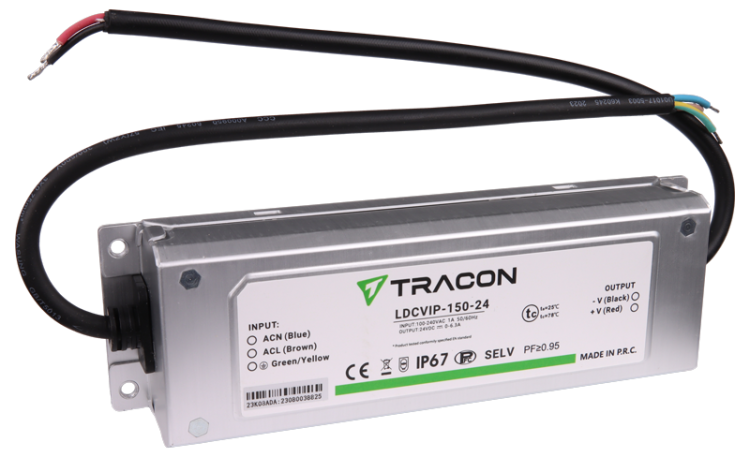 Zasilacz LED w metalowej obudowie 100-240VAC/24VDC,150W,0-6,3A, IP67 LDCVIP-150-24 Tracon Electric
