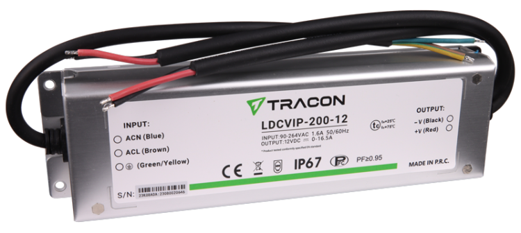 Zasilacz LED w metalowej obudowie 90-264VAC/12VDC,200W,0-16,5A, IP67 LDCVIP-200-12 Tracon Electric