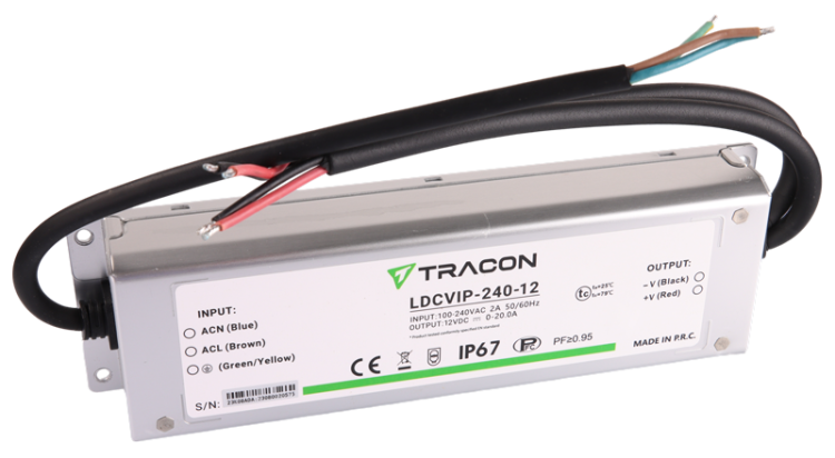 Zasilacz LED w metalowej obudowie 100-240VAC/12VDC,240W,0-20A, IP67 LDCVIP-240-12 Tracon Electric