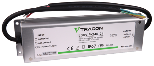 Zasilacz LED w metalowej obudowie 100-240VAC/24VDC,240W,0-10A, IP67 LDCVIP-240-24 Tracon Electric