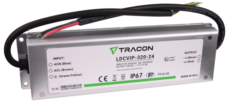 Zasilacz LED w metalowej obudowie 90-264VAC/24VDC,320W,0-13,3A, IP67 LDCVIP-320-24 Tracon Electric