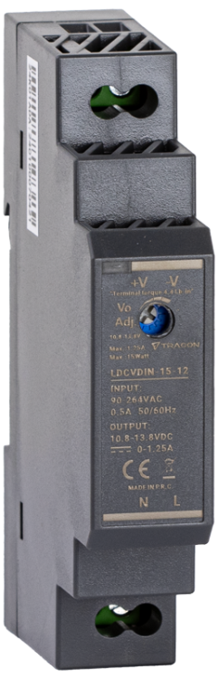Zasilacz na szynę TH z regulowanym wyjściem DC 90-264VAC,0,5A/DC12V,1,25A/15W LDCVDIN-15-12 Tracon Electric